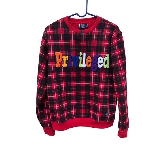 Bleeker & Mercer Men's Red Plaid Privilege Embroidered Sweatshirt Small (S) - Picture 1 of 5